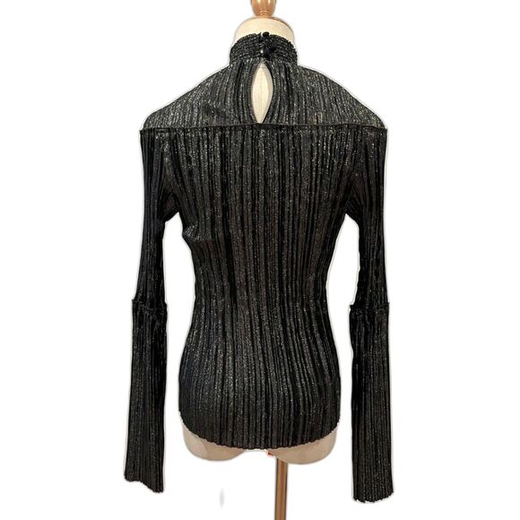 A.L.C. Metallic Silver Black Ribbed Mock Neck Long Sleeve Stretch Top Small - Picture 2 of 4